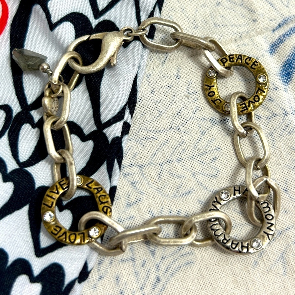 Brighton Art & Soul Harmony Bracelet Two-tone Peace Love Links with Cloth Bag
